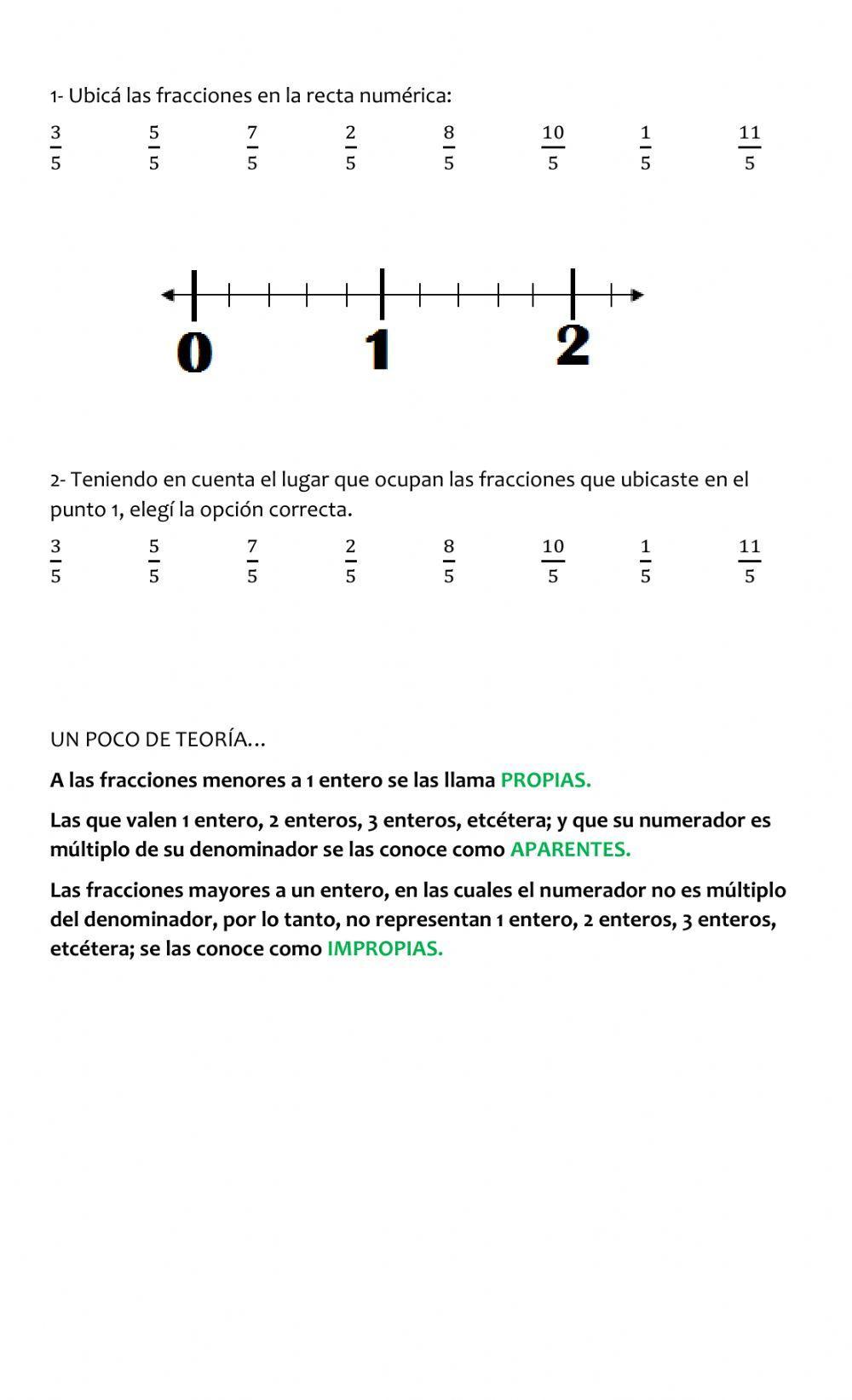 Clasificación de fracciones y recta numérica