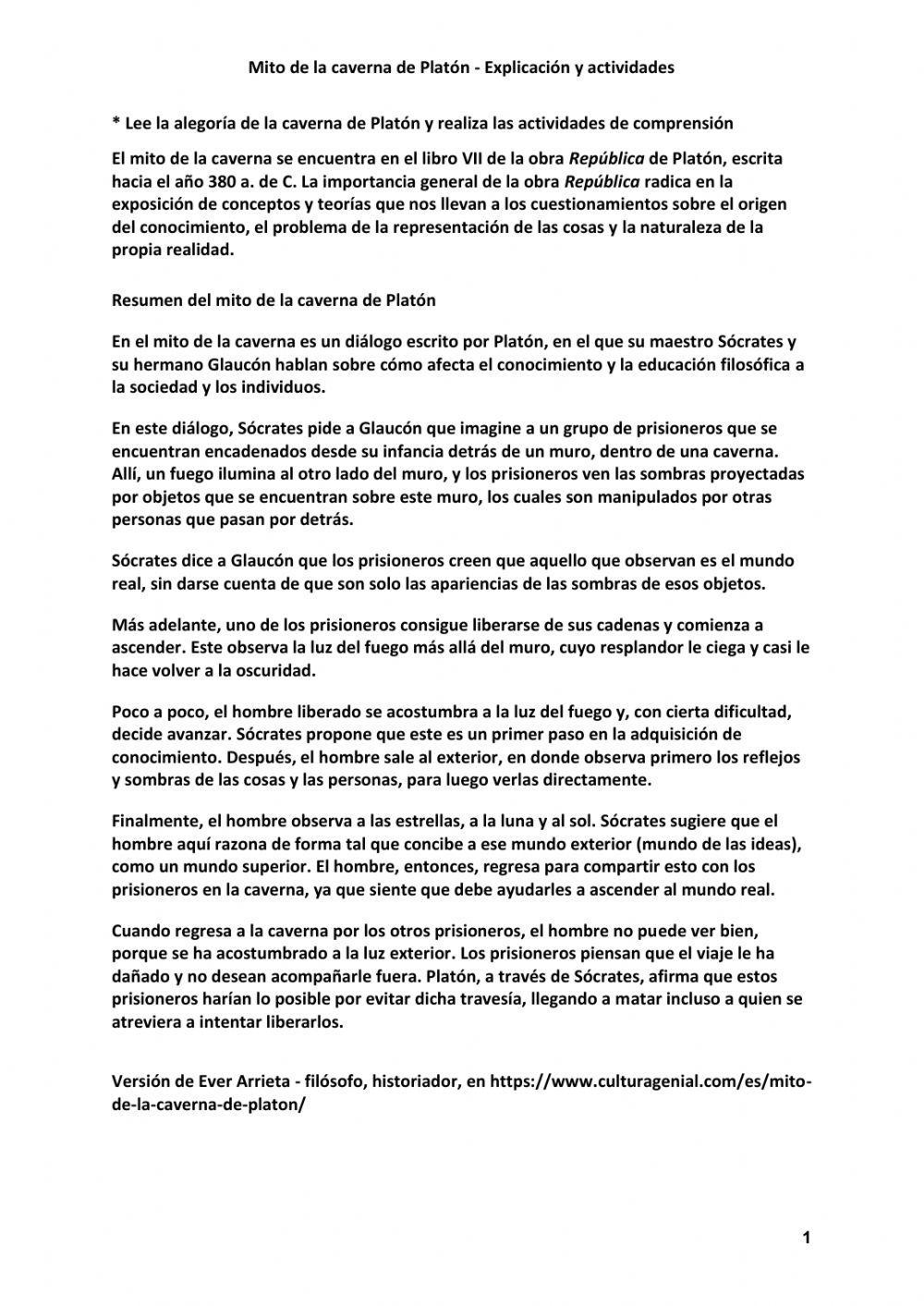 La caverna de Platón - actividades de comprensión