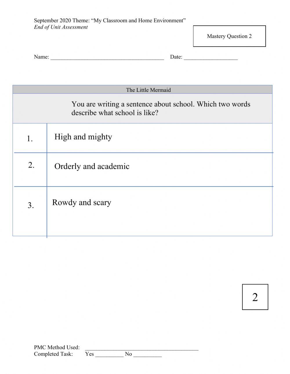 Mastery level ELA assesment