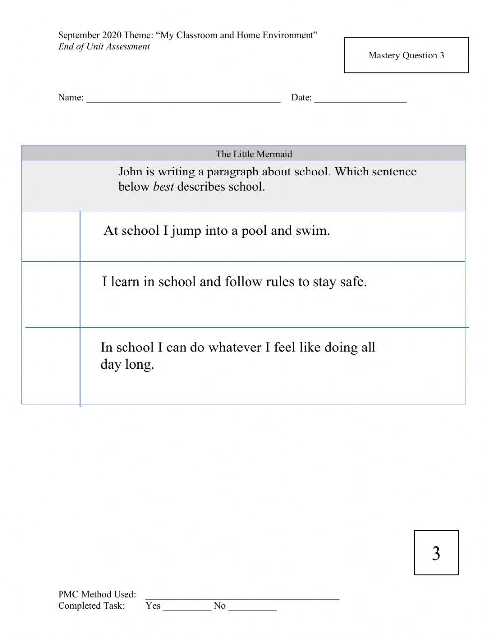 Mastery level ELA assesment
