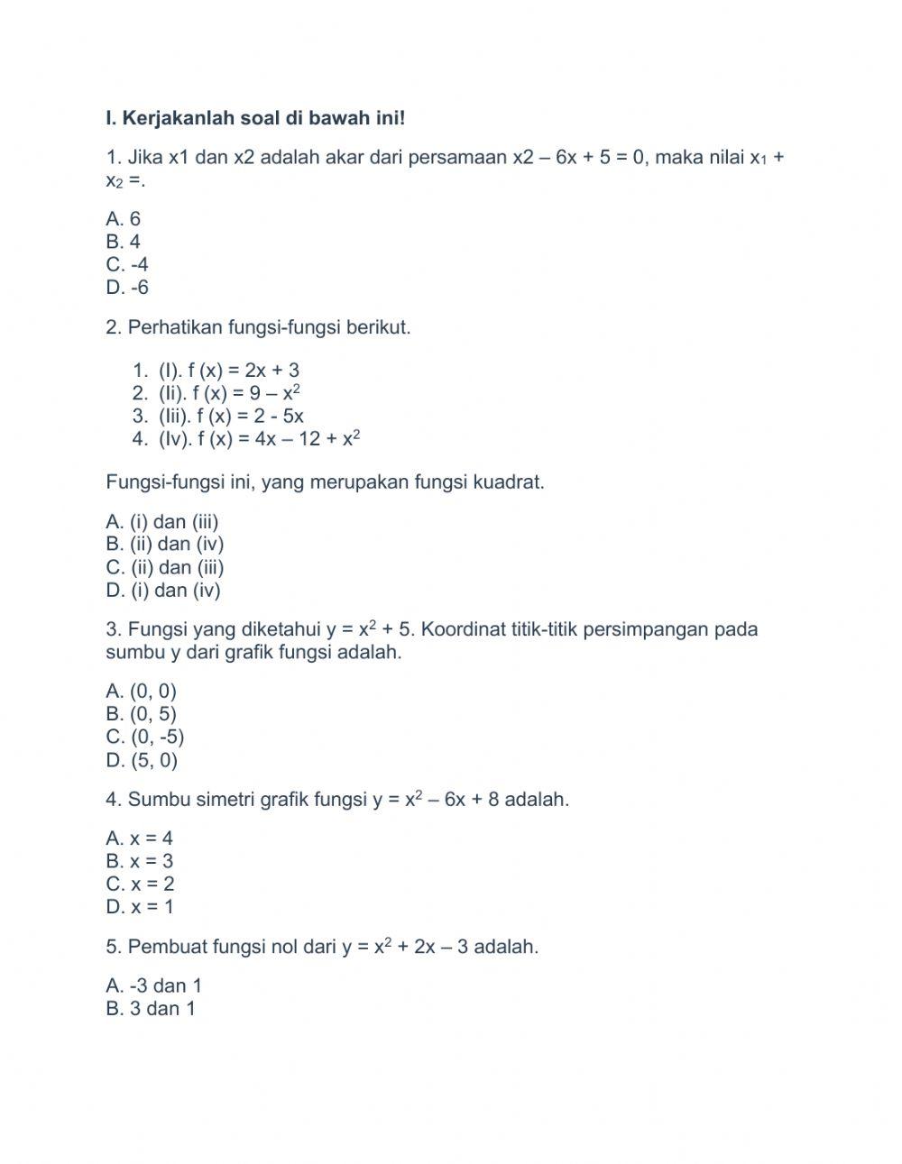Ulangan Harian Fungsi Kuadrat