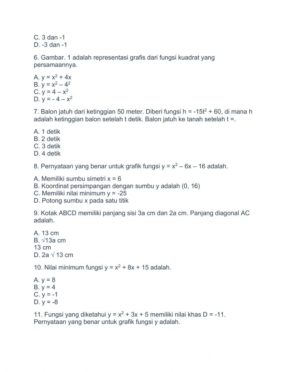 Ulangan Harian Fungsi Kuadrat