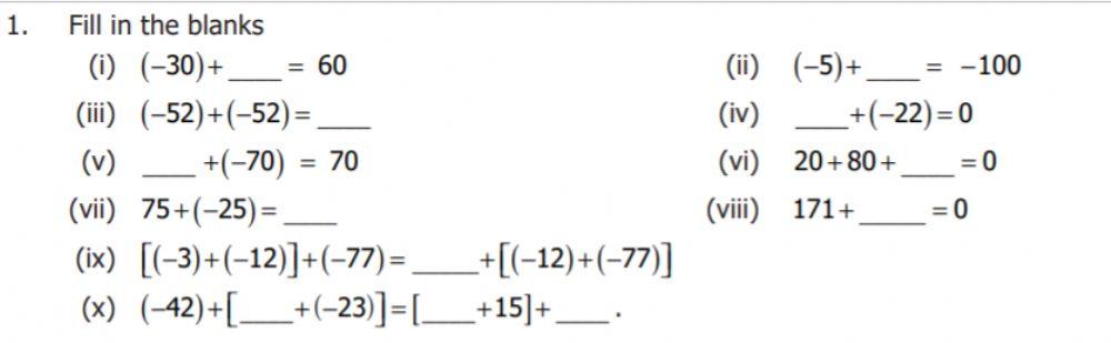 Integers -fill in the blanks