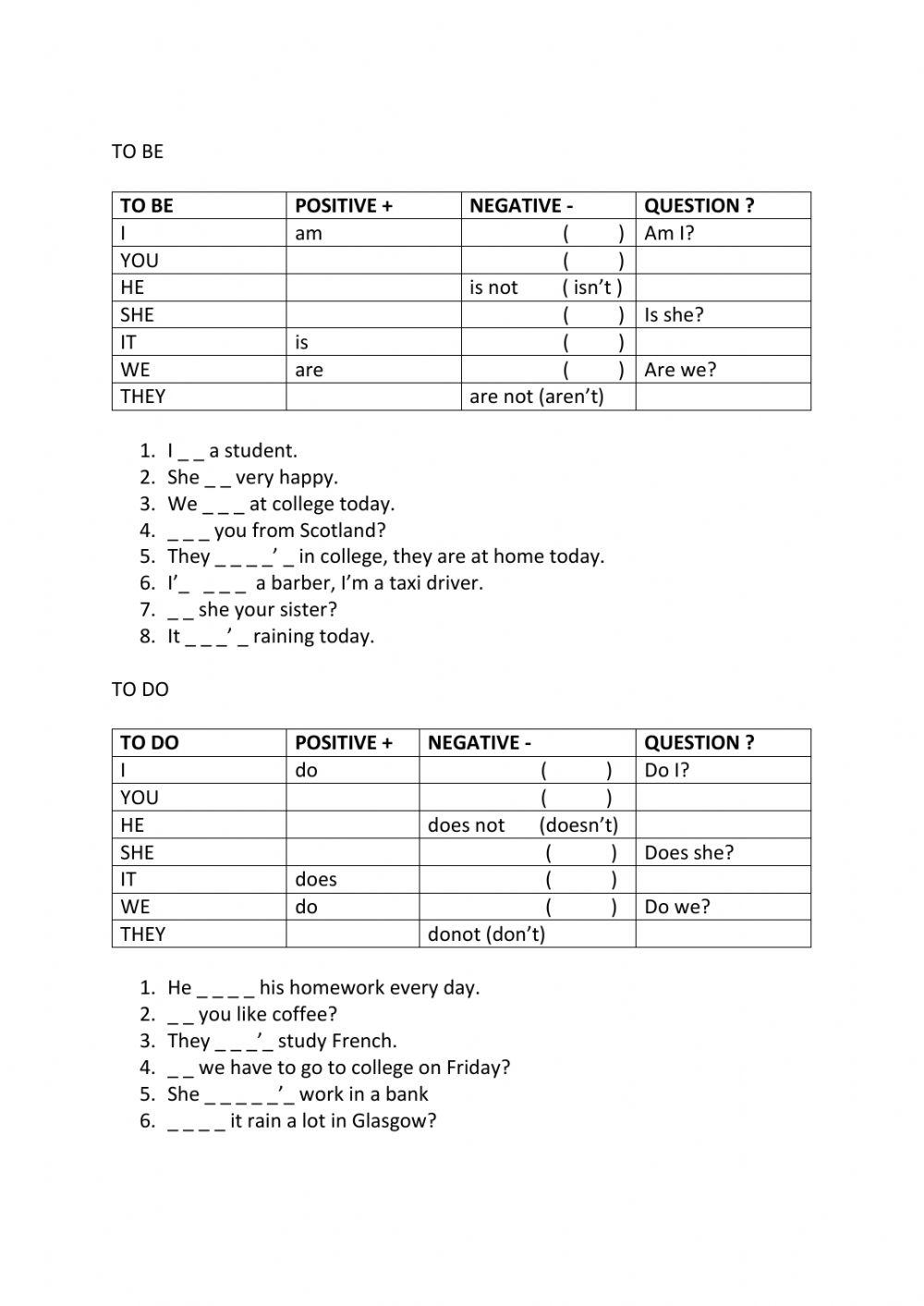 Revision of to be to have to do