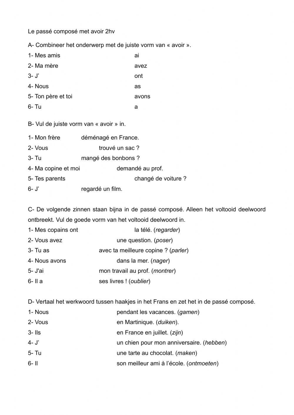 Passé composé met avoir 2hv