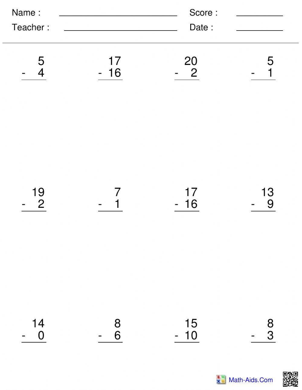 Simple subtraction interactive worksheet | Live Worksheets