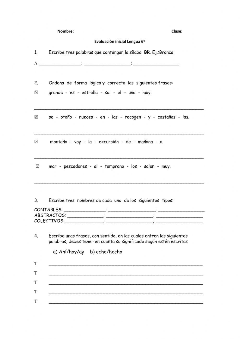 Evaluación inicial Lengua 6º
