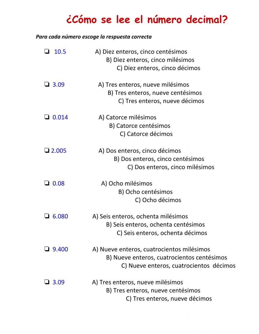 Lectura y escritura de números decimales