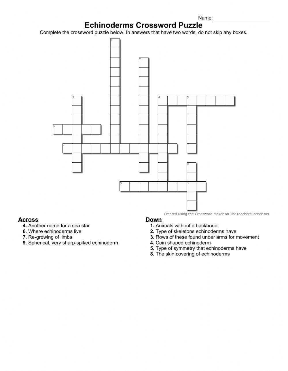 Echinoderms Crossword Puzzle