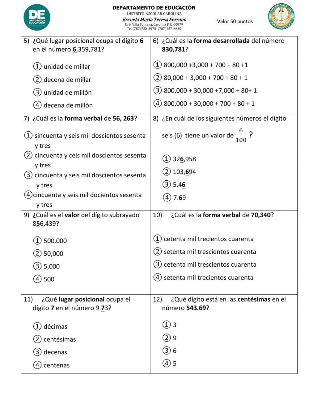 EXAMEN 4TO: Lugar y valor posicional, forma desarrollada y forma verbal 
