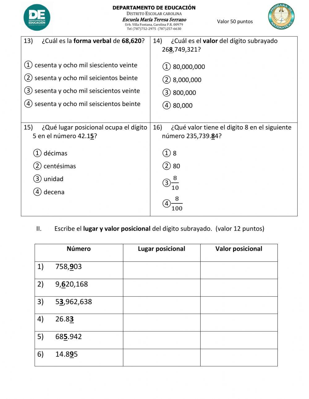 EXAMEN 4TO: Lugar y valor posicional, forma desarrollada y forma verbal 