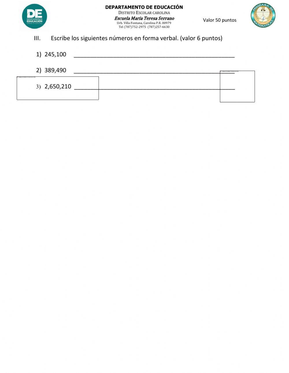 EXAMEN 4TO: Lugar y valor posicional, forma desarrollada y forma verbal 