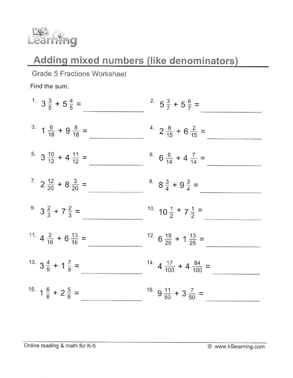 Adding Mixed Numbers (like denominators) online exercise for Live