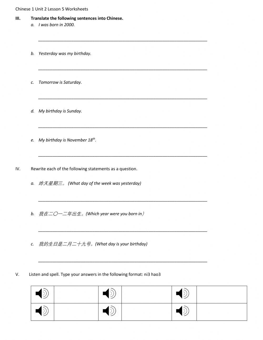 Chinese 1 Lesson 5