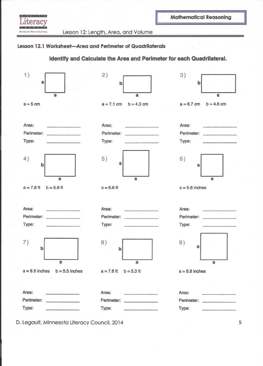 Area and Perimeter of Quadrilaterals Worksheet online exercise for ...