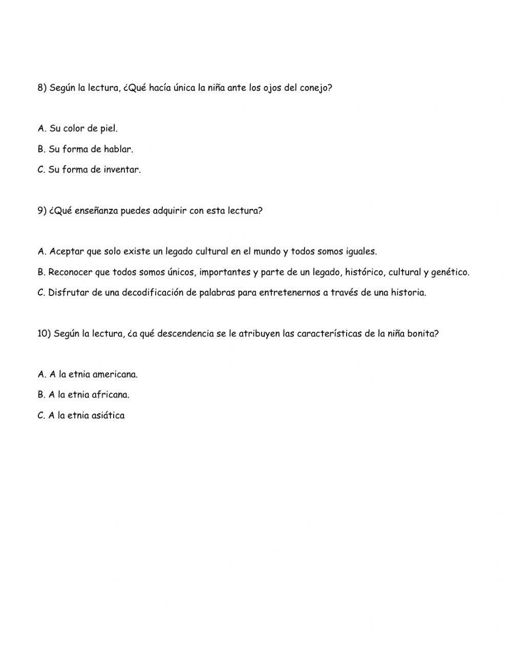 Comprensión lectora Niña bonita