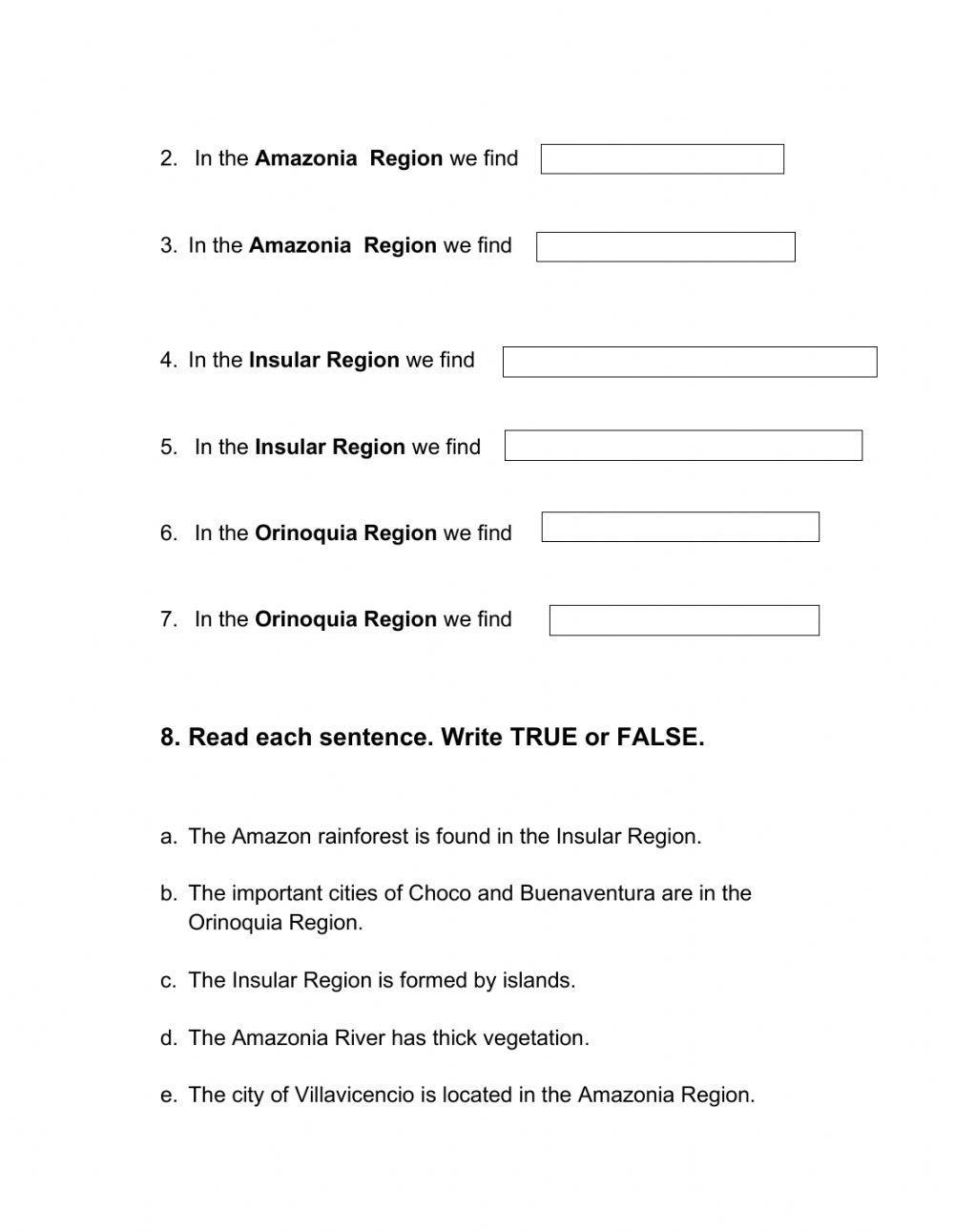 Insular, Orinoquia & Amazonia Region Class Activity