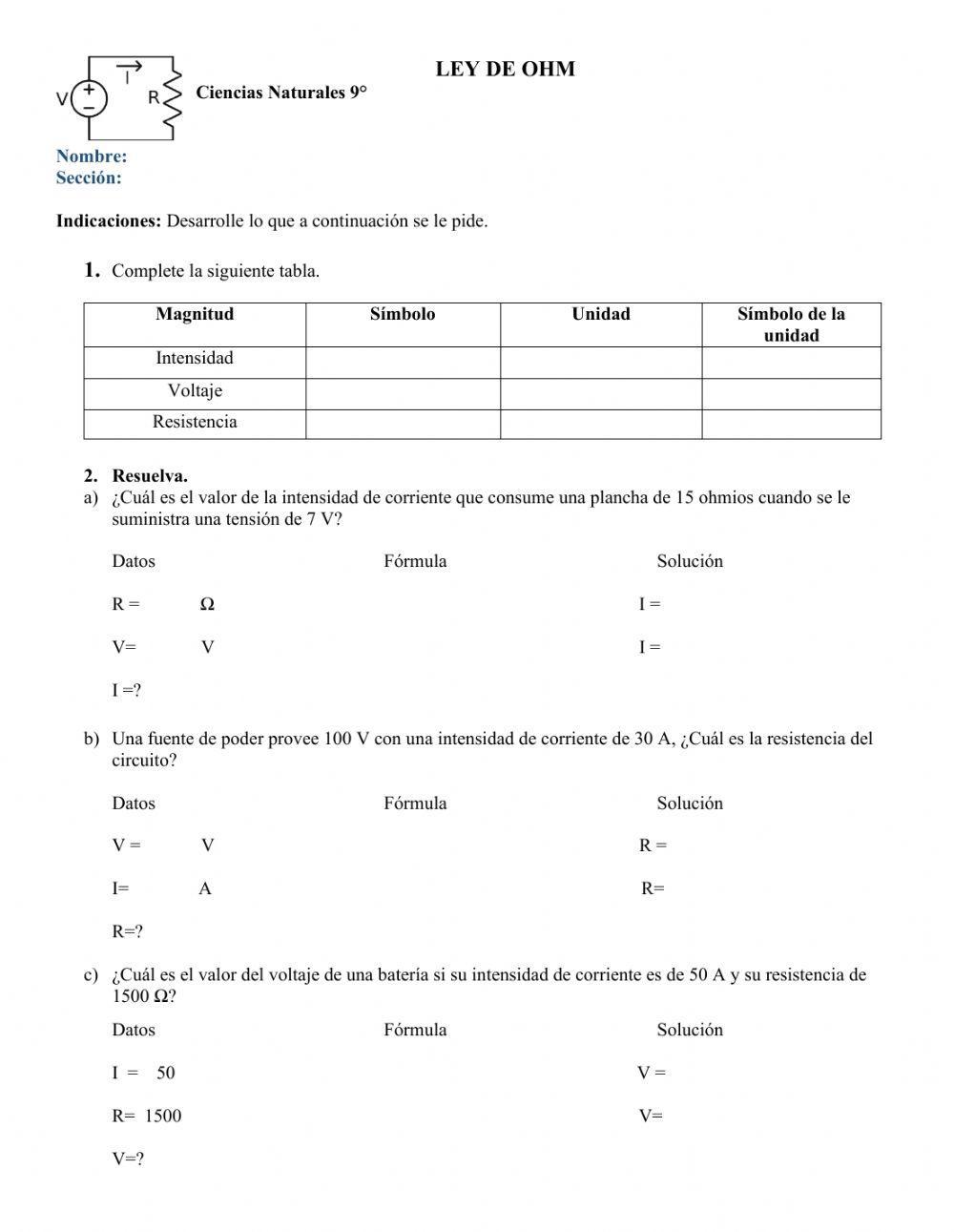 Ficha de trabajo: Ley de Ohm Ficha de trabajo: Ley de Ohm