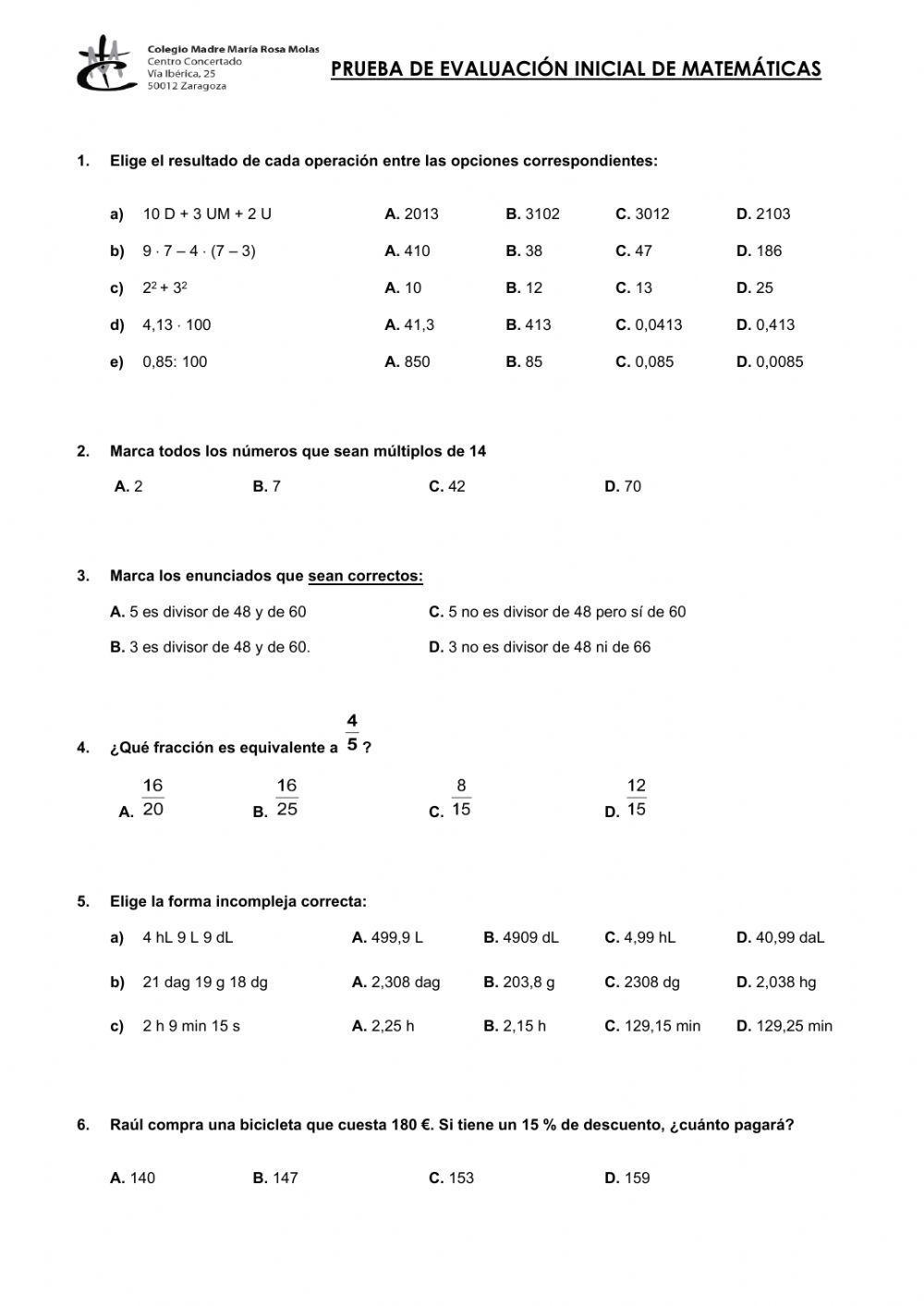 Evaluación inicial 1º eso