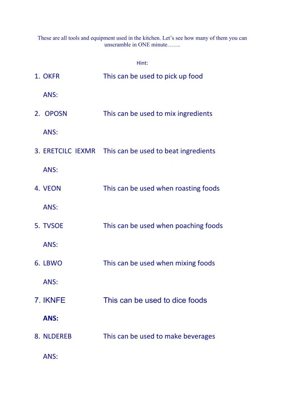 Kitchen tools unscramble