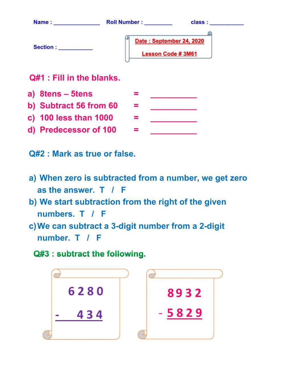 subtraction worksheet for grade 3