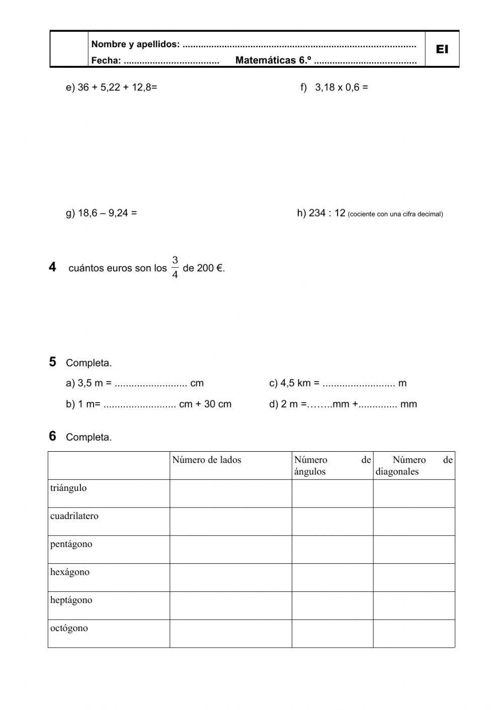 Evaluación inicial  matemáticas 6º ep
