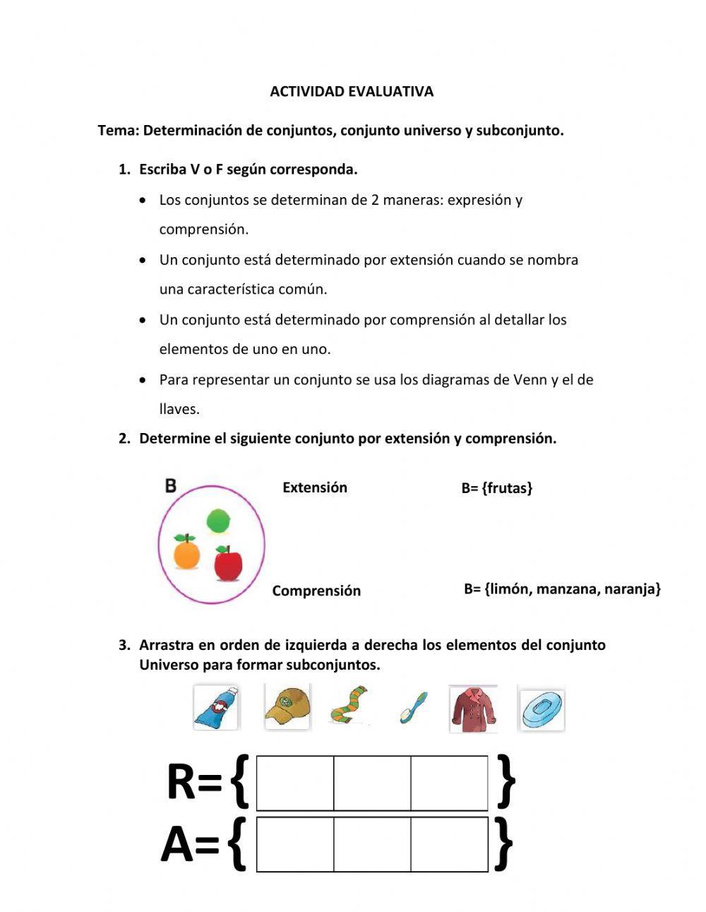 Determinación de conjuntos, conjunto universo y subconjunto