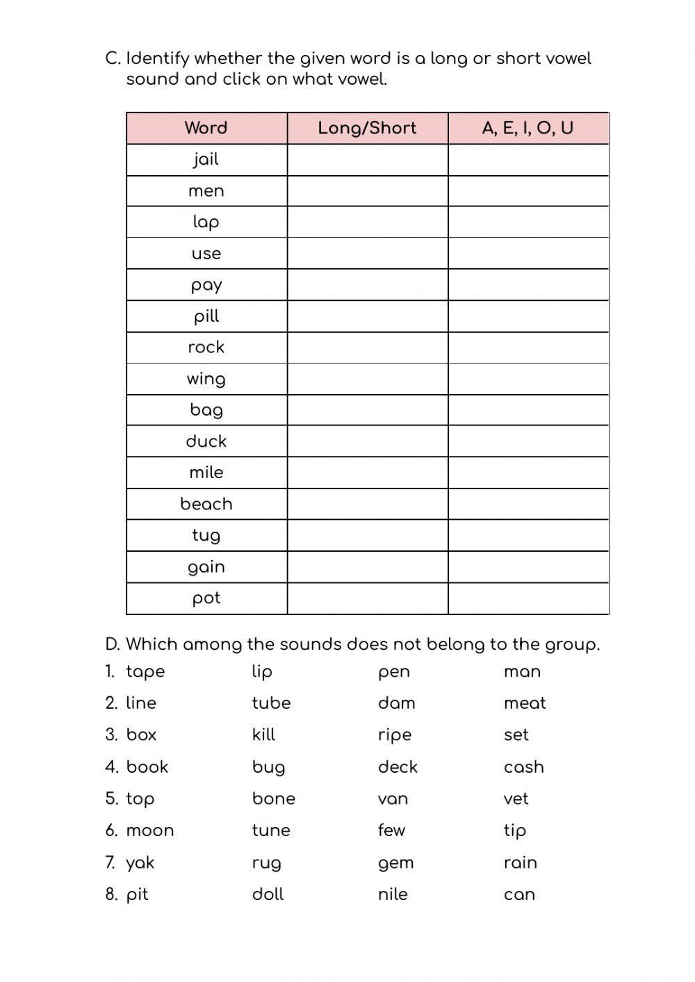 Quiz in long and Short vowel sounds