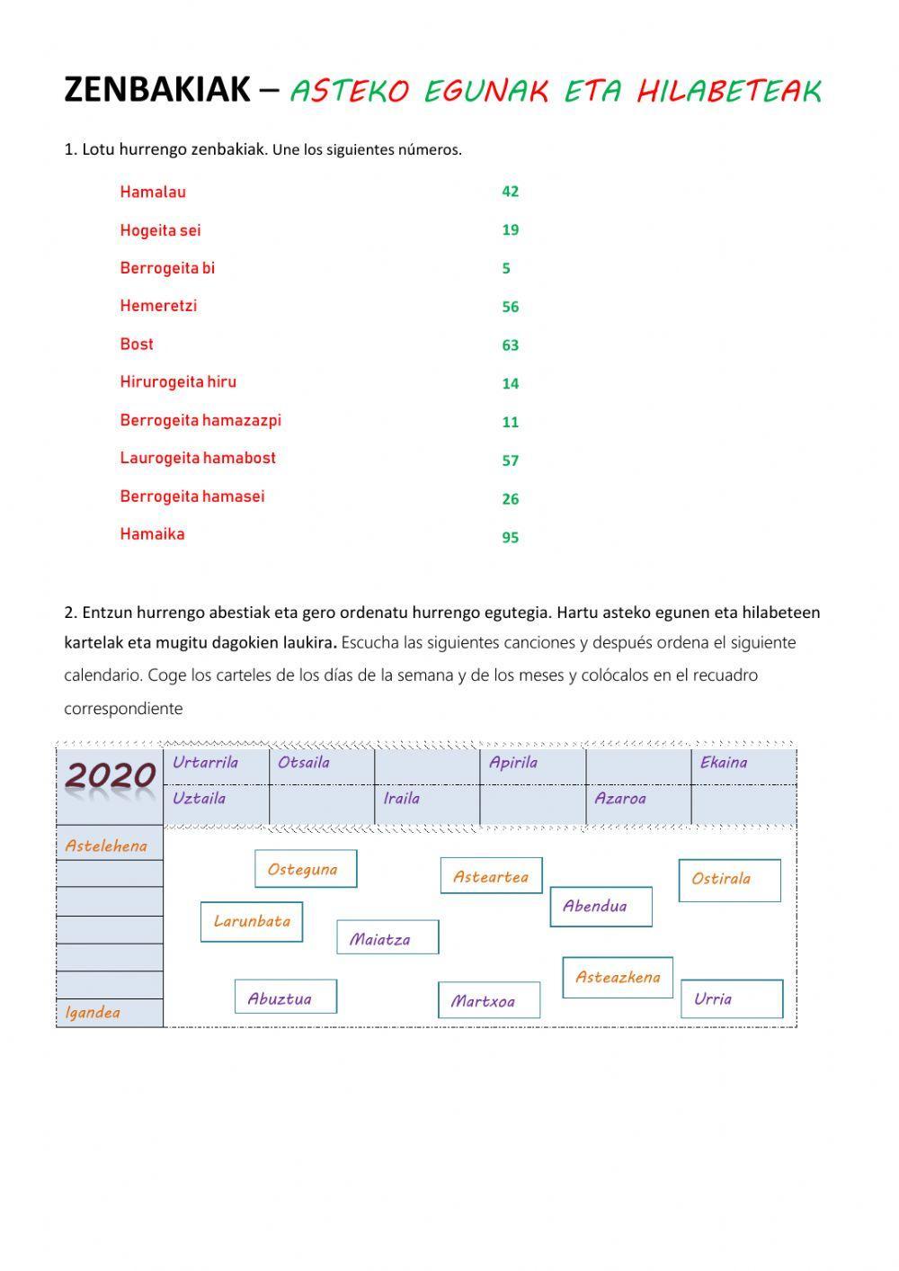 Zenbakiak-asteko egunak eta hilabeteak