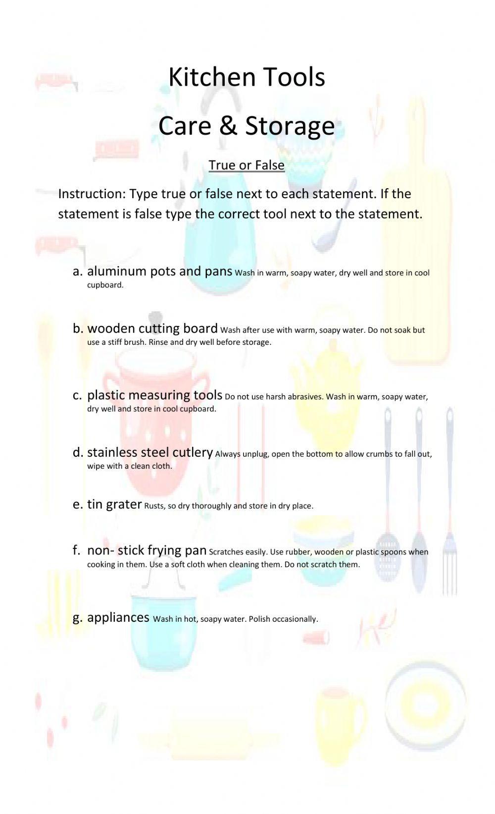 Care & Storage of kitchen tools