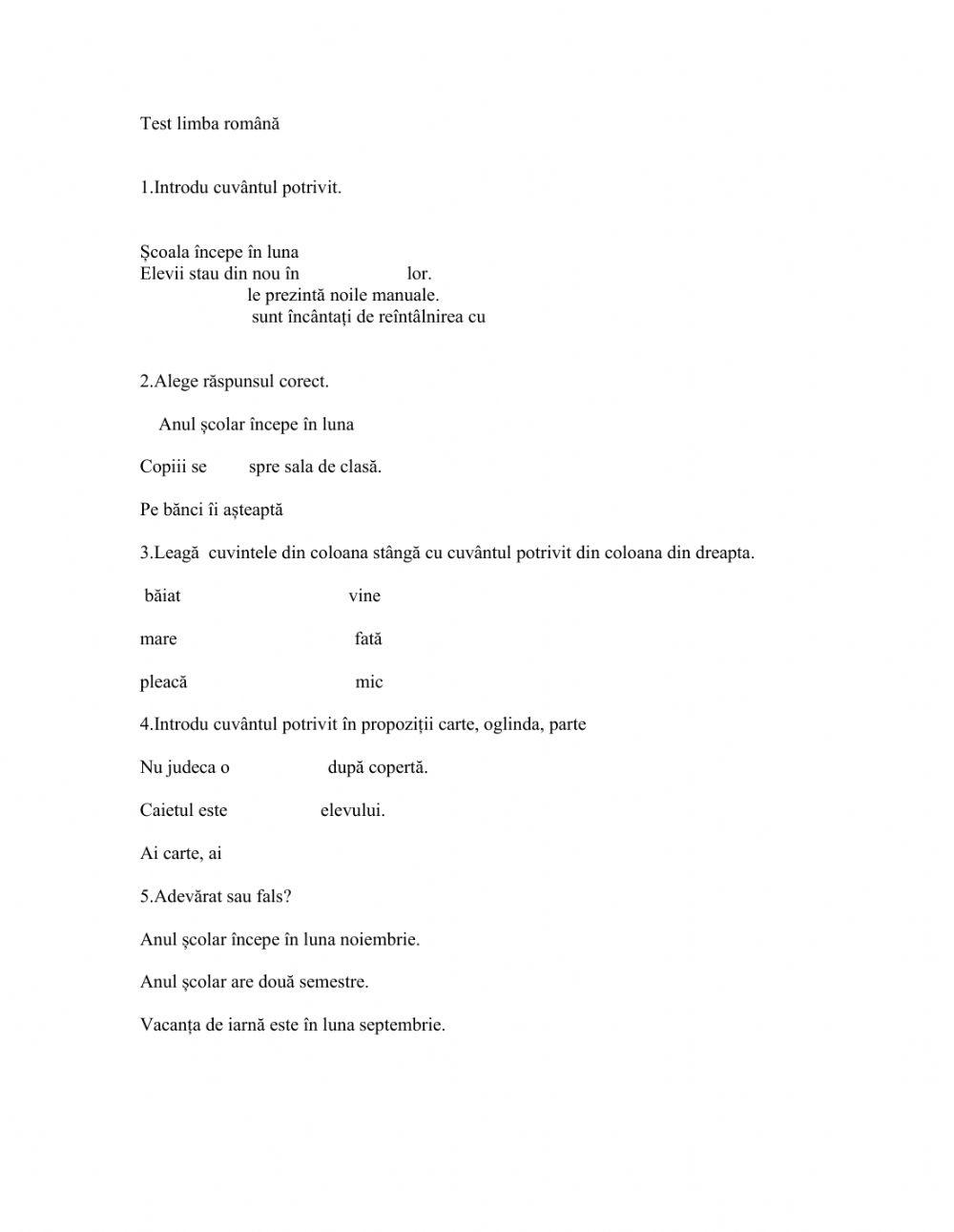 Test limba romana worksheet | Live Worksheets