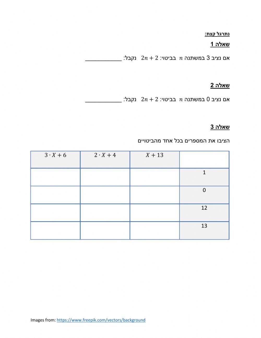 הצבה בביטויים אלגברים כתה ז