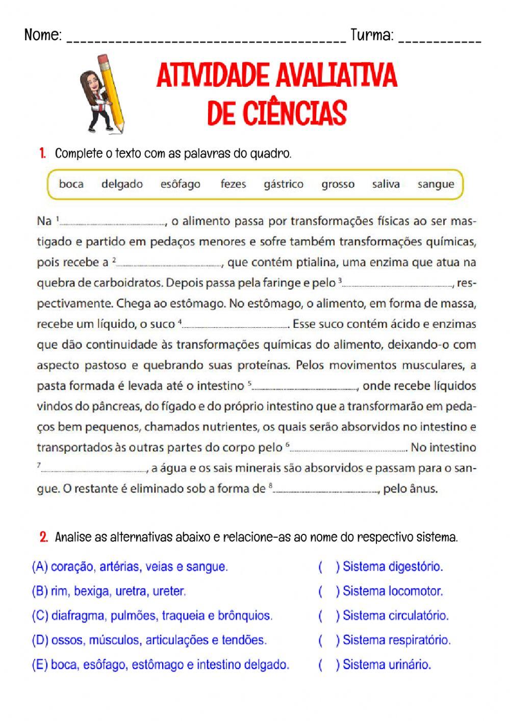 Atividade avaliativa de ciências