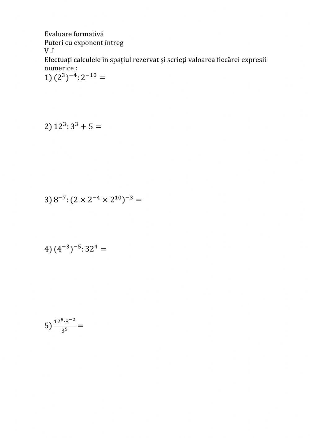 Reguli de calcul cuputeri cu exponent întreg.