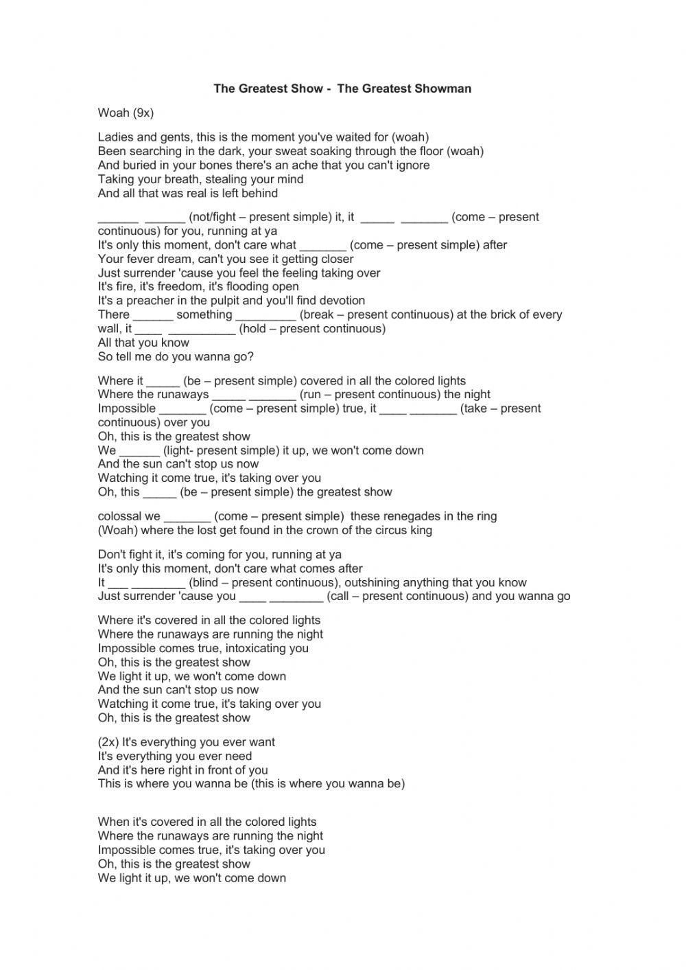 The Greatest Show - Song with Present Simple and Continuous