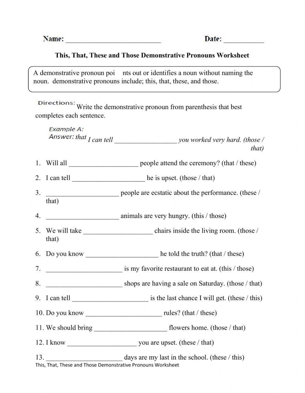 Worksheet On Demonstrative Pronouns For Grade 3