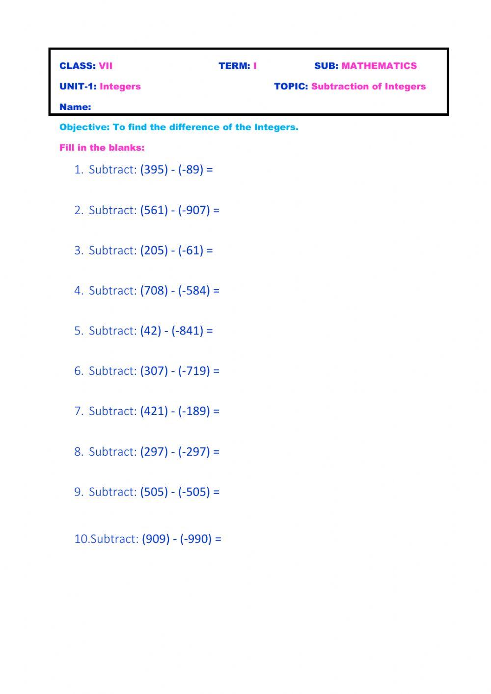 Integers Math worksheet | Live Worksheets