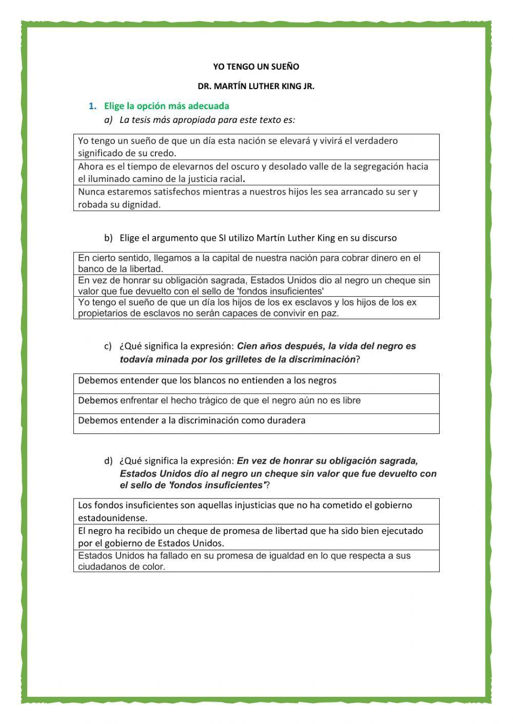 Actividades para el discurso -Tengo un sueño-