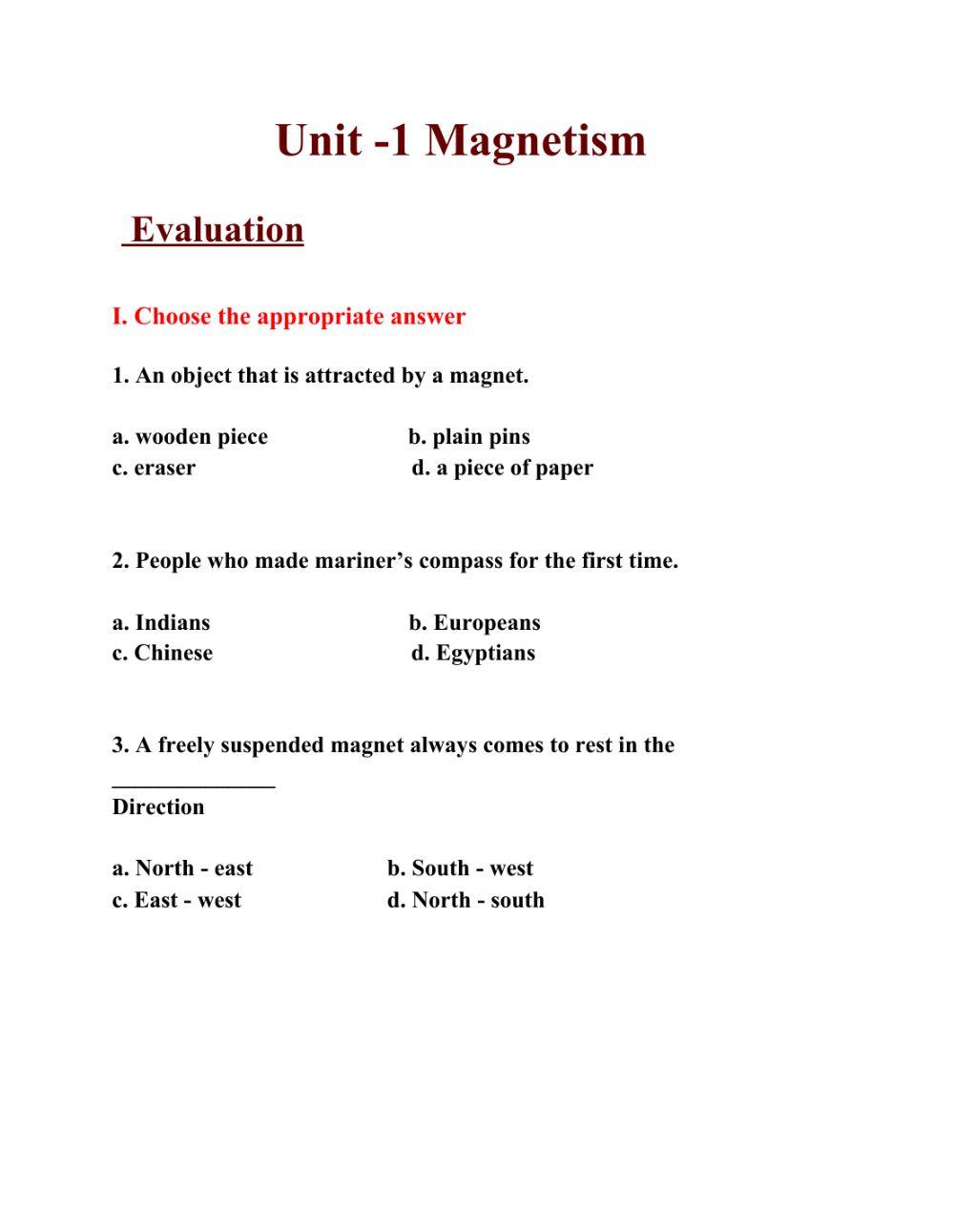 Magnetism worksheet
