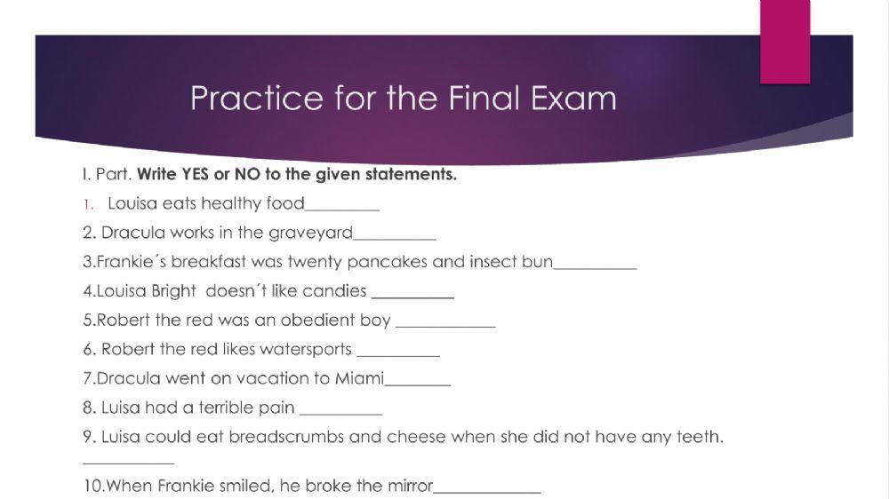 Practice for the reading final exam
