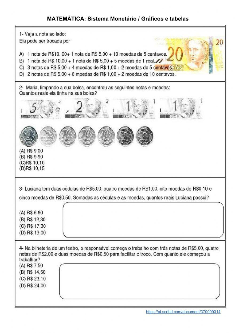 Matemática: Sistema monetário brasileiro, gráficos e tabelas