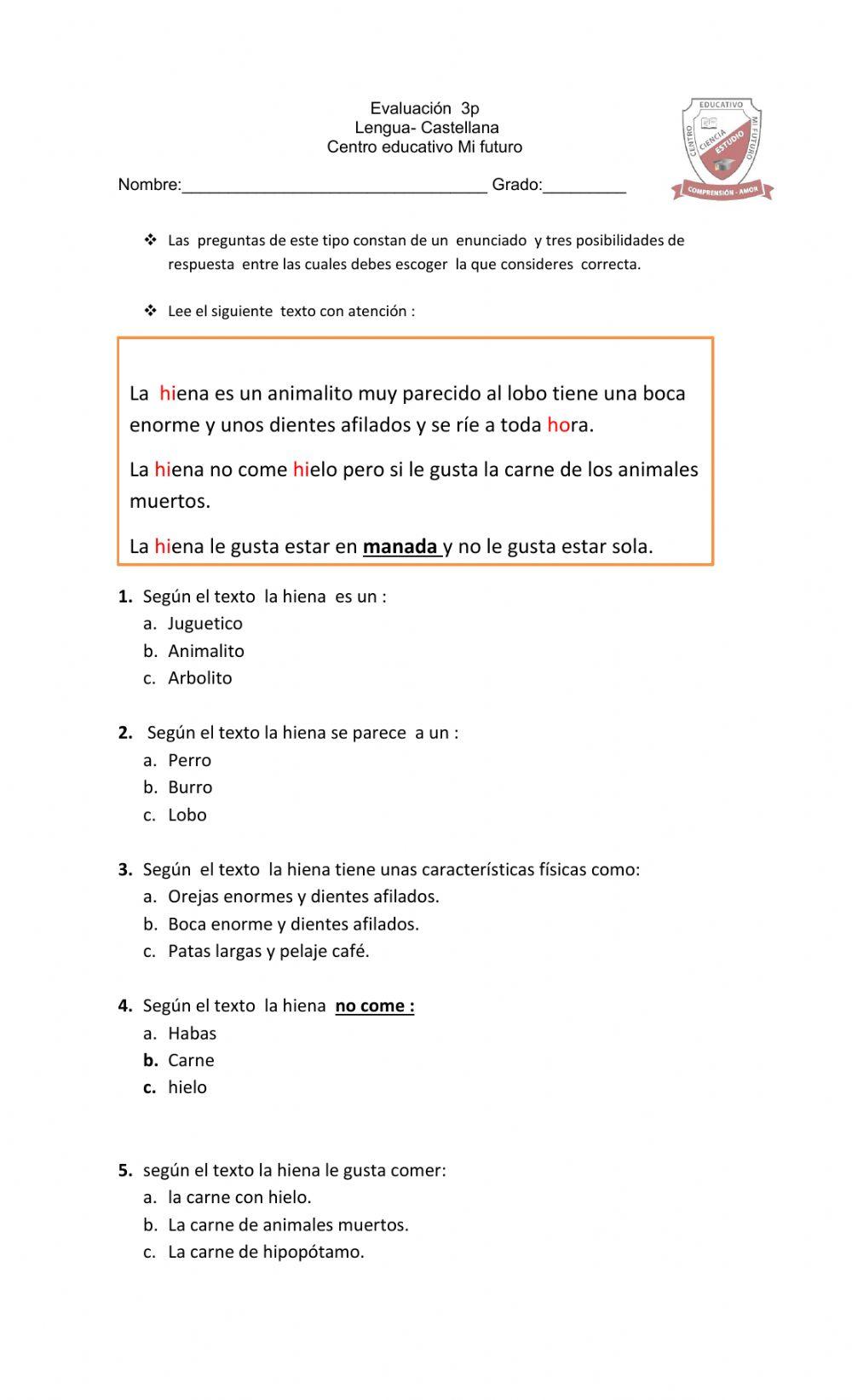 Evaluacion lengua castellana 3p