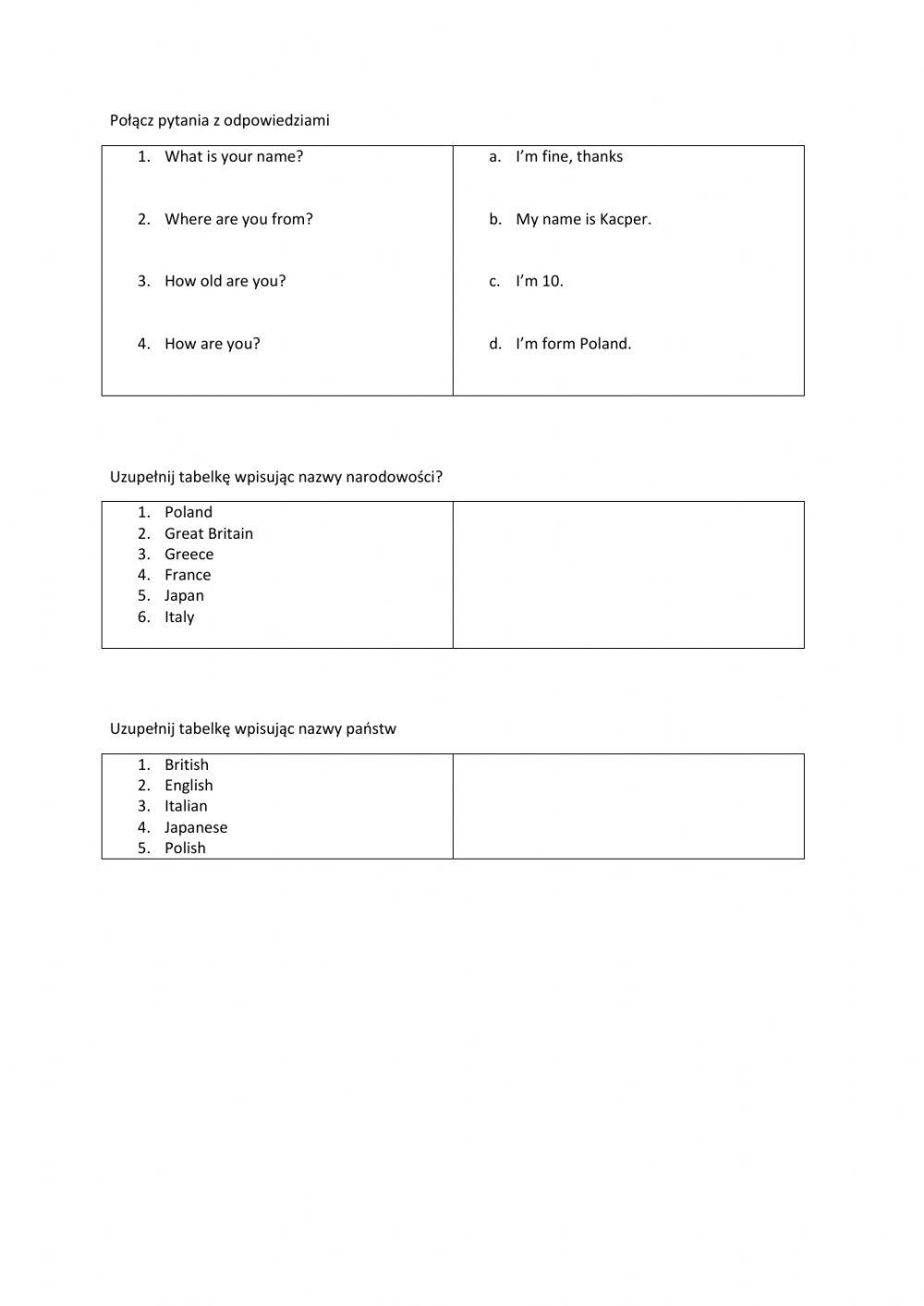 Personal questions and countries