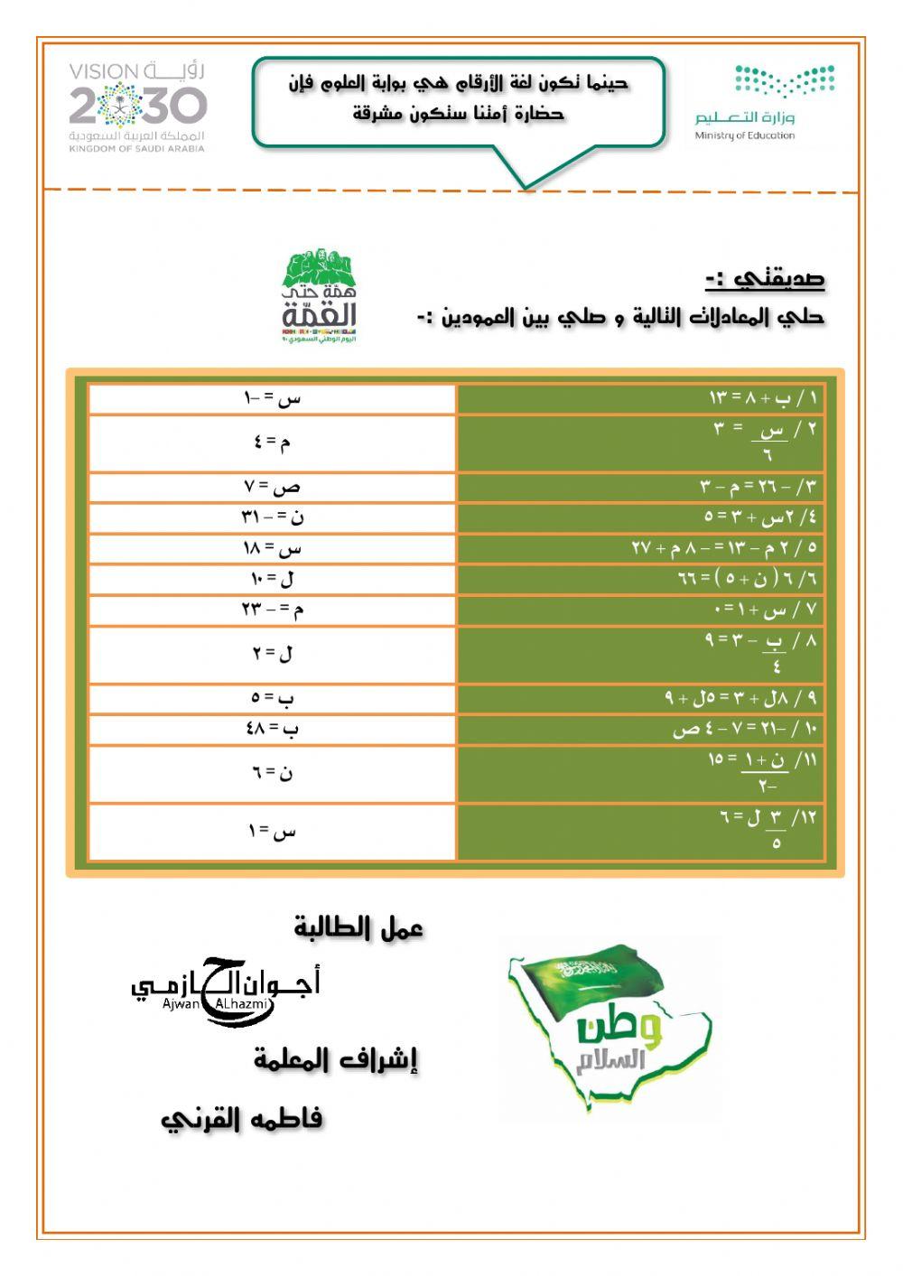 ورقة عمل رياضيات بطعم اليوم الوطني عمل الطالبة أجوان الحازمي