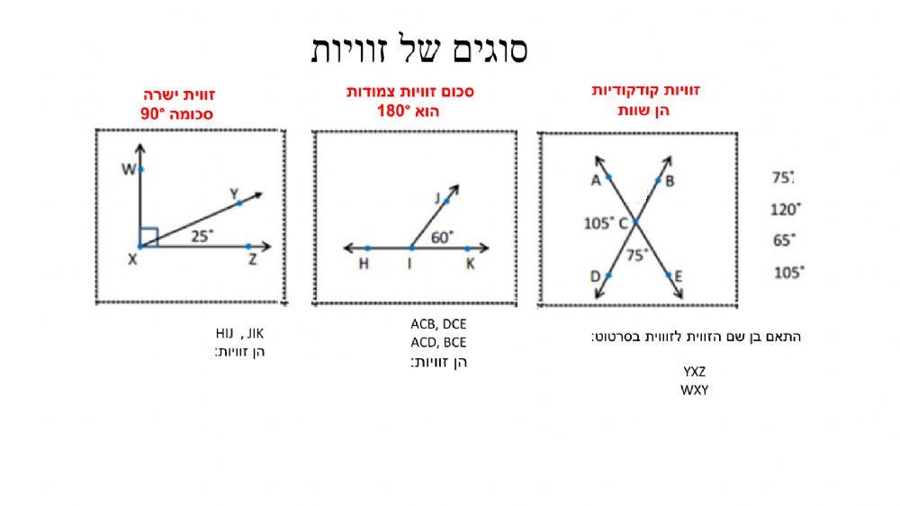 זוויות צמודות, קודקודיות, ישרה, שטוחה