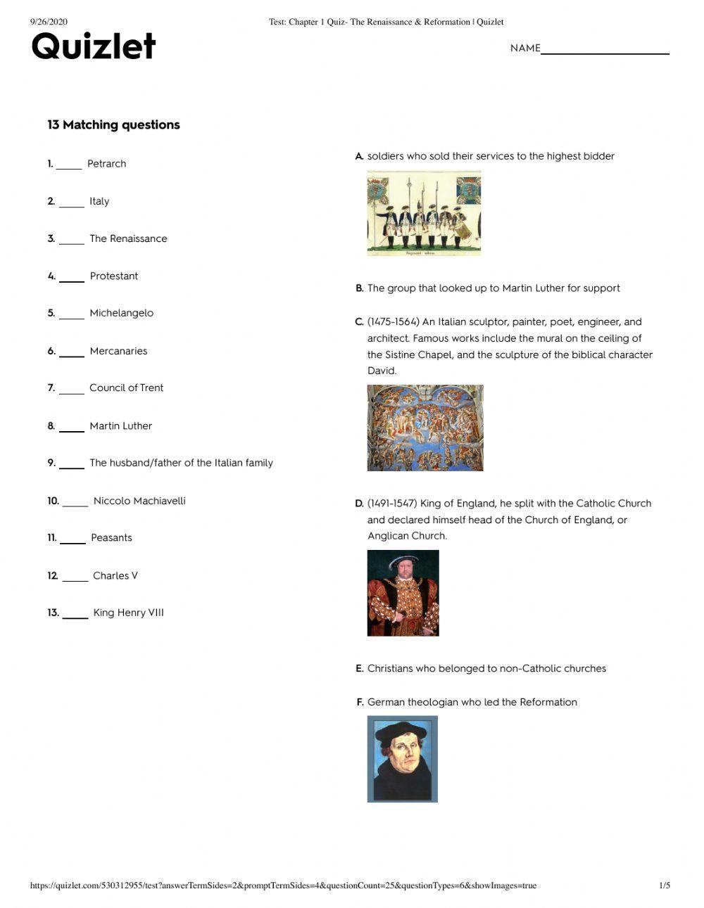 Chapter 1 Quiz- The Renaissance and Reformation