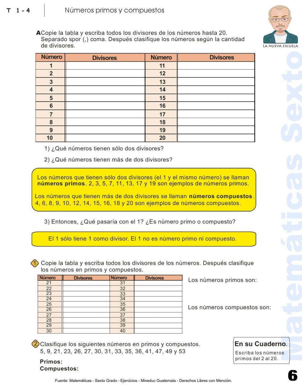 Matemáticas Sexto Primaria Ejercicios P. 6 - Números primos y compuestos