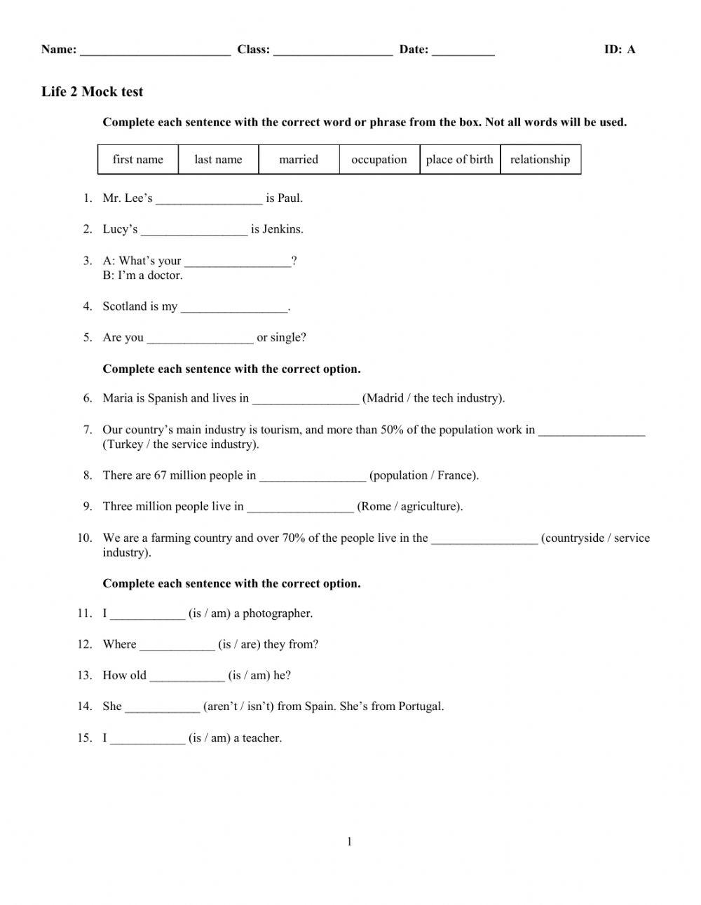 Life 2 Unit 1 Mock Test