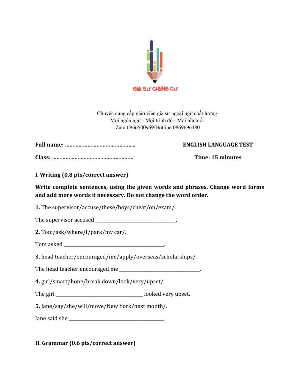 Lớp 10 - Kiểm tra 15 phút - Kỹ năng Viết + Ngữ pháp số 4