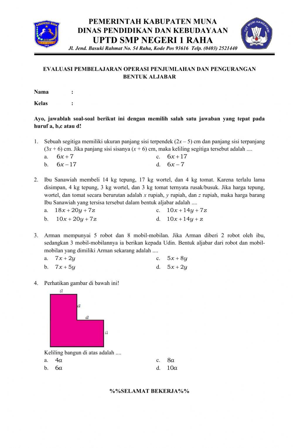 Operasi Penjumlahan dan Pengurangan Bentuk Aljabar